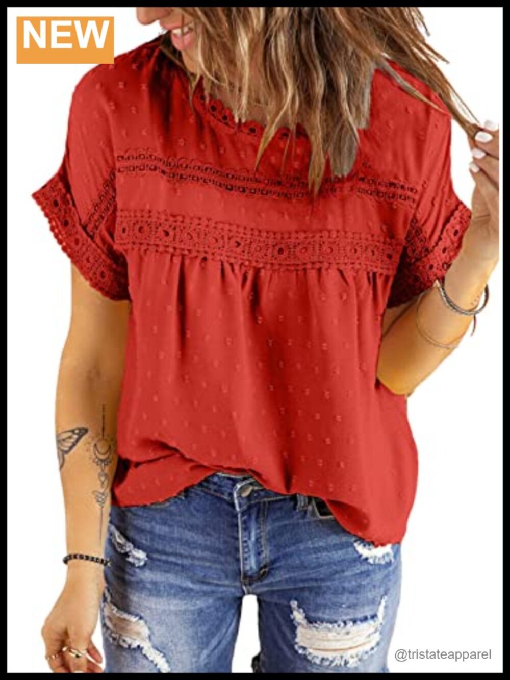 Womens Lace Crochet Short Sleeve Chiffon Blouse Crew Neck Button Down Tunic Top